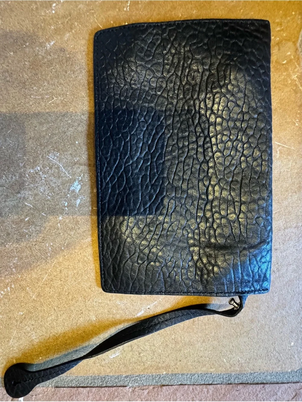 Henri Bendel Black Textured Leather zip pouch with gold hardware